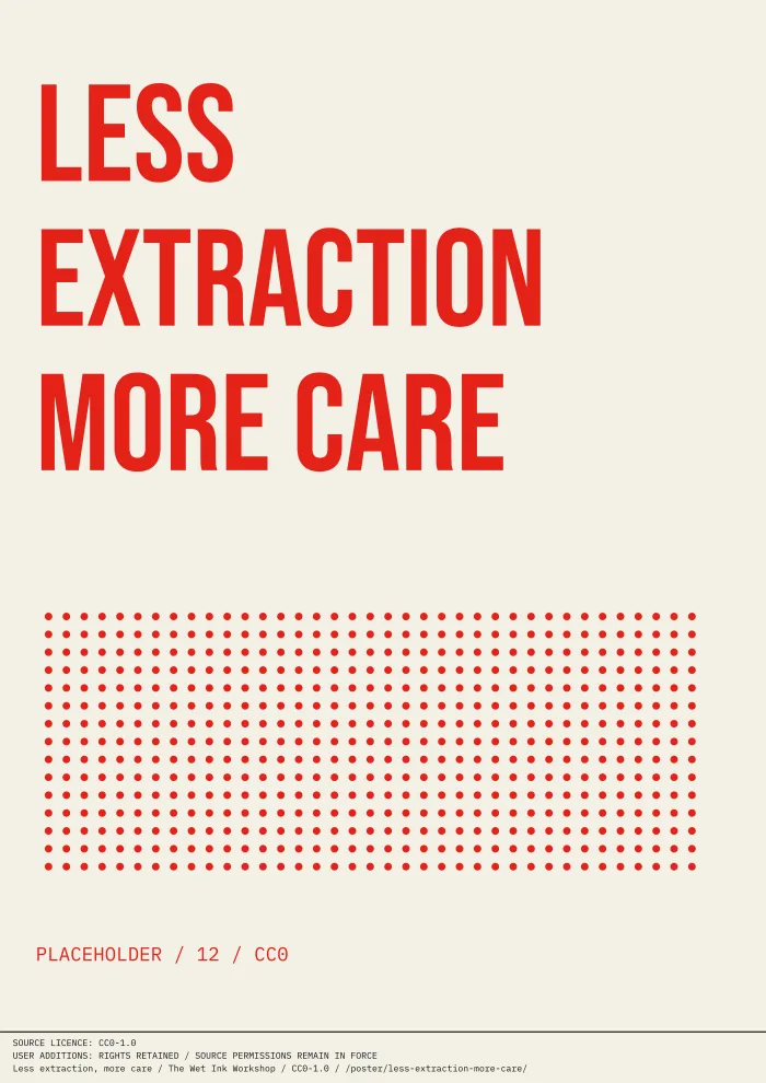 Off-white typographic print reading “LESS EXTRACTION MORE CARE”, with an array of halftone dots and a clearly marked placeholder credit.